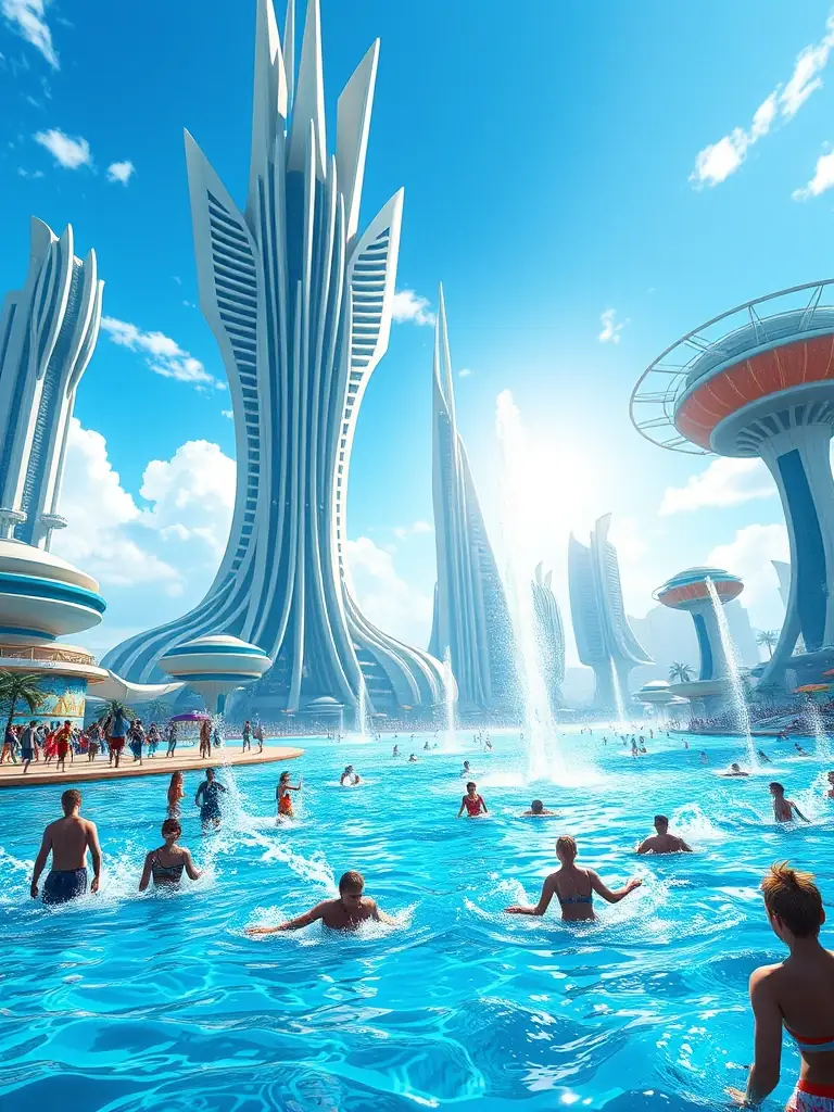 A dynamic image of Aqualantis, featuring futuristic water attractions, towering structures, and visitors splashing and having fun in the water.