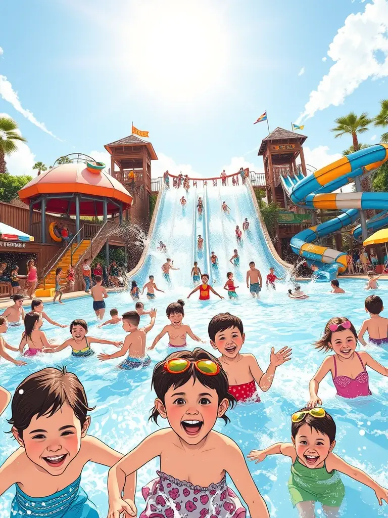 A lively scene from the Water Park at Energylandia, showing people of all ages enjoying the slides and pools. The sun is shining, and there's a sense of fun and excitement.