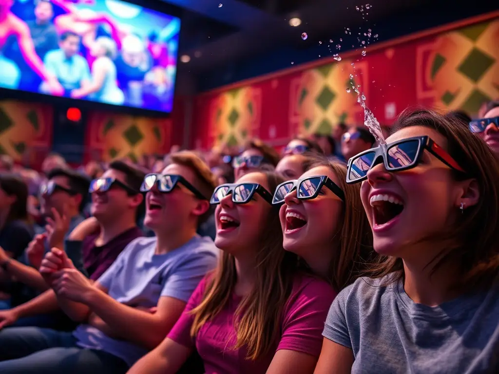A dynamic scene inside Energylandia's 7D cinema, with visitors wearing 3D glasses and experiencing the immersive effects of the movie, such as wind, motion, and water.