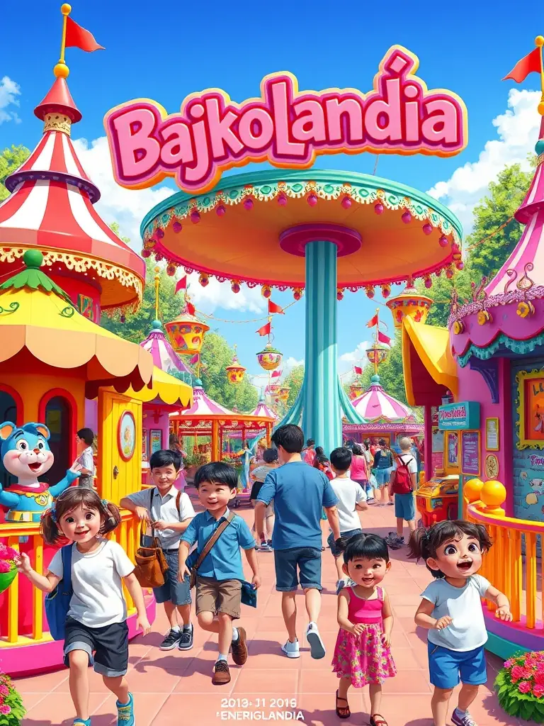 A charming image of Bajkolandia, Energylandia's fairytale land, with colorful rides and attractions designed for young children. Happy families are visible in the scene.
