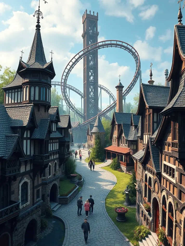 An image of Smoczy Gród, featuring medieval-style buildings, winding pathways, and the imposing Zadra wooden roller coaster towering in the background.