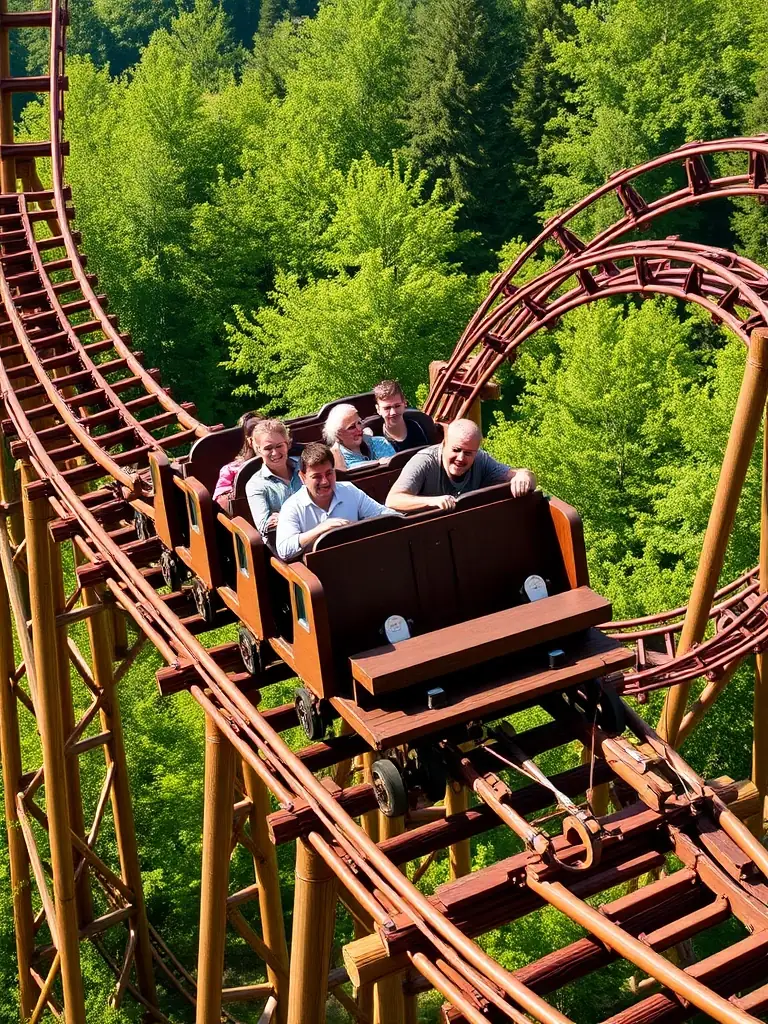 A dynamic image of the Zadra wooden roller coaster at Energylandia, emphasizing its unique hybrid construction and intricate track layout, with lush greenery visible in the background.