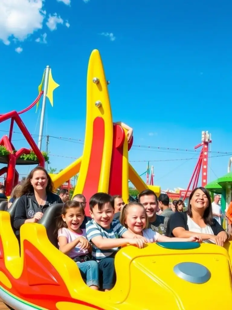 A cheerful photograph of the Boomerang ride in the Family Zone of Energylandia, filled with smiling children and parents enjoying the gentle twists and turns, set against a backdrop of colorful park decorations.