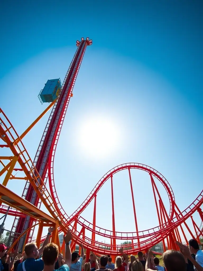 A high-angle, vibrant photograph capturing the Hyperion roller coaster at Energylandia, showcasing its immense height and steep drops against a clear blue sky, with park visitors cheering in the foreground.