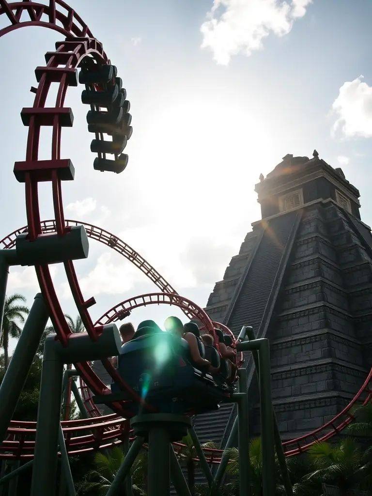 A captivating image of the Mayan roller coaster at Energylandia, highlighting its intense loops and inversions, with a thematic Mayan temple design in the background, under a bright sunny sky.