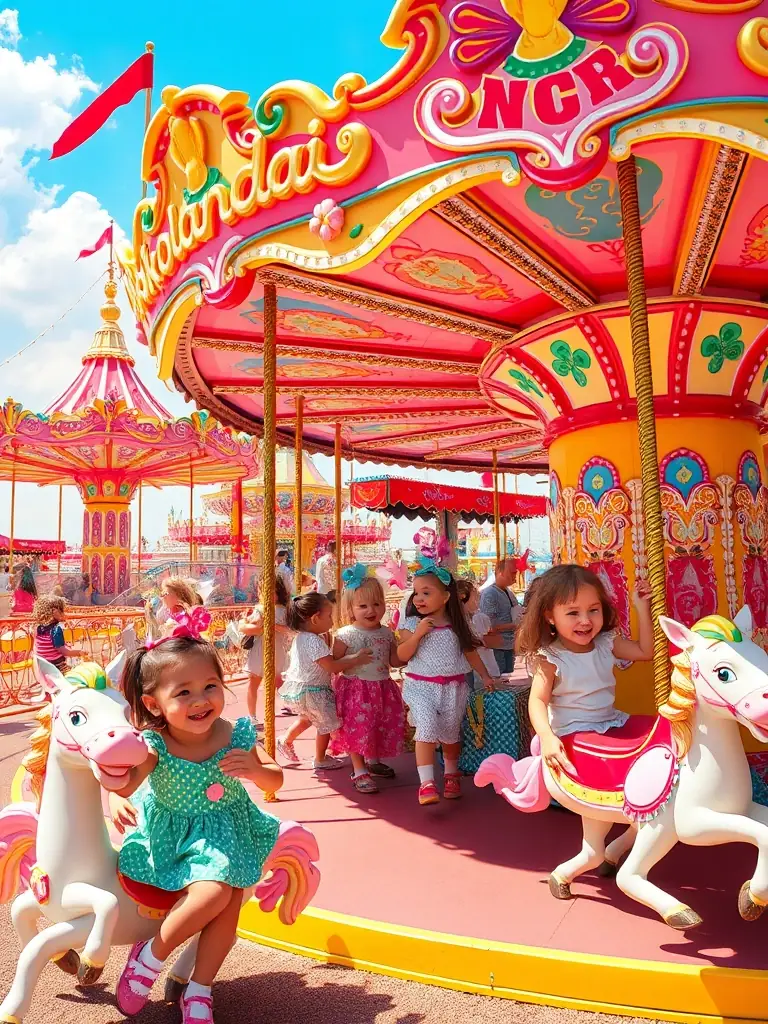 A wide shot of Bajkolandia, showcasing colorful carousels, gentle rides, and fairytale-themed decorations, with children laughing and enjoying the attractions.