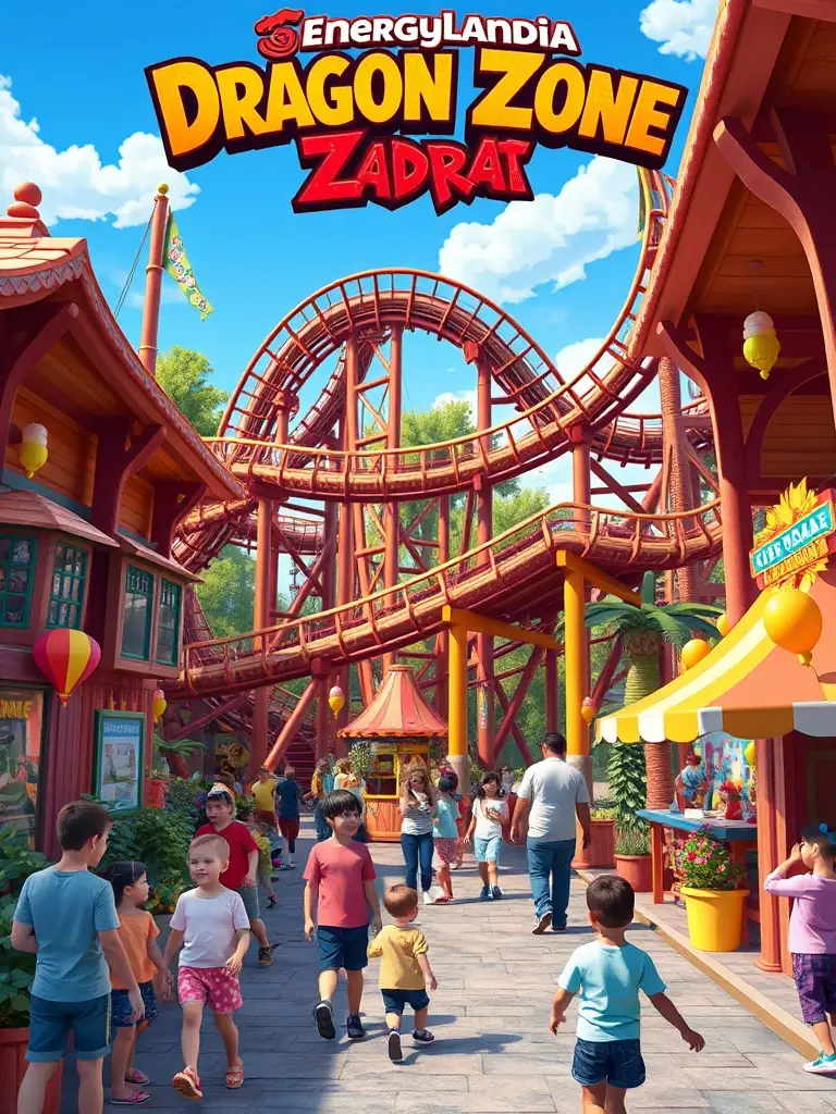 A colorful and inviting image of the Dragon Zone at Energylandia, featuring the wooden coaster Zadra and its intricate track design. Families are seen enjoying the area.