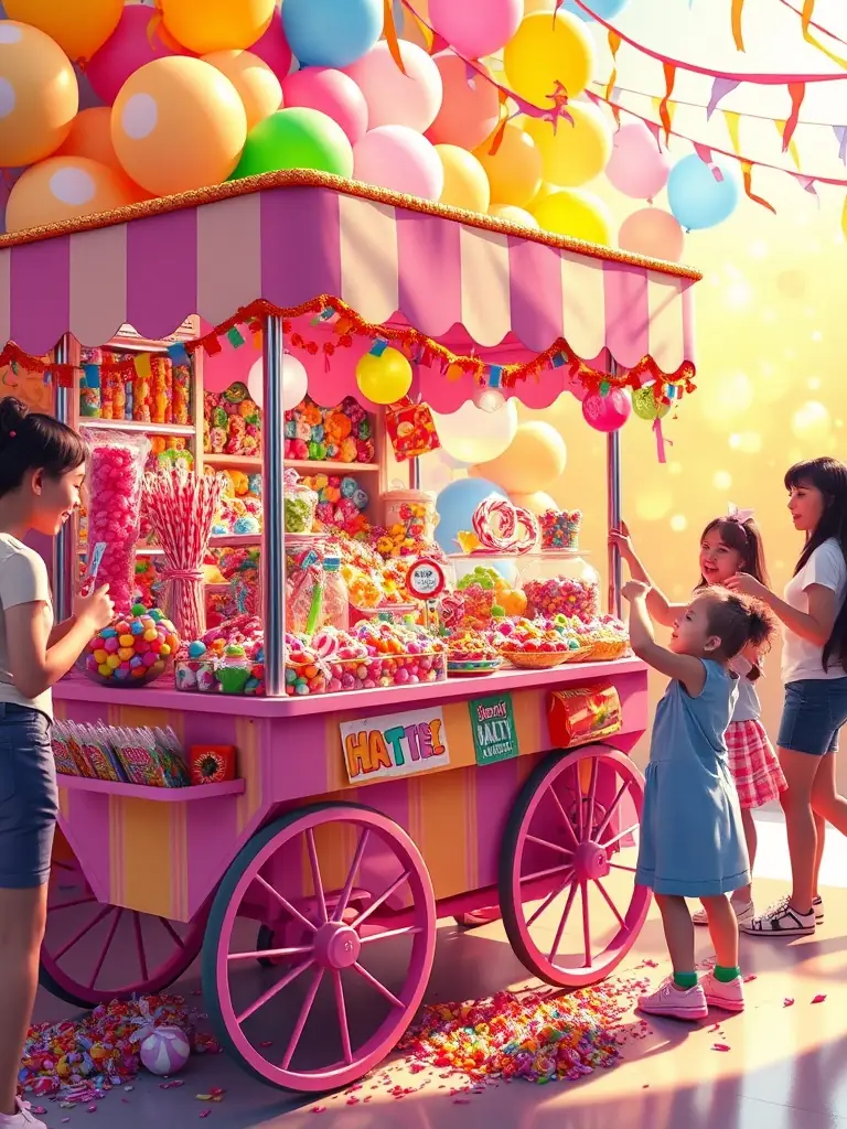 A vibrant photo of Sweet Valley, showcasing colorful candy-themed decorations, playful attractions, and families enjoying the sweet treats available.
